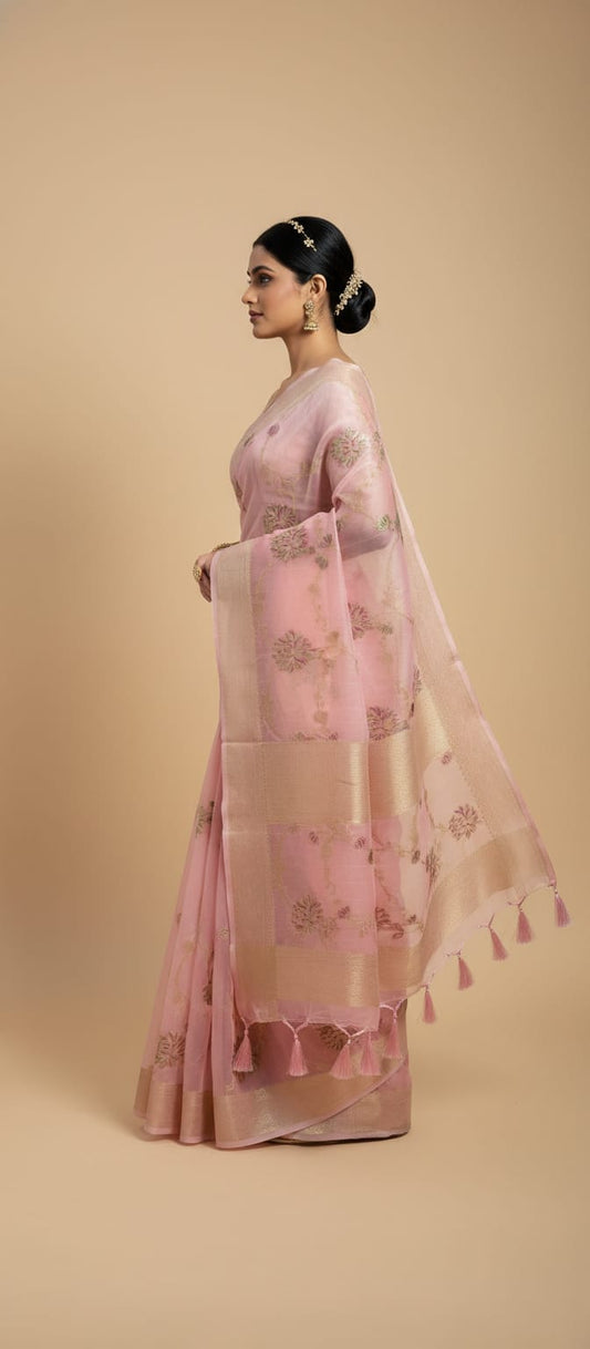 Owlsky Women Pink Organza Silk Floral Woven Zari Border Saree with Tassels