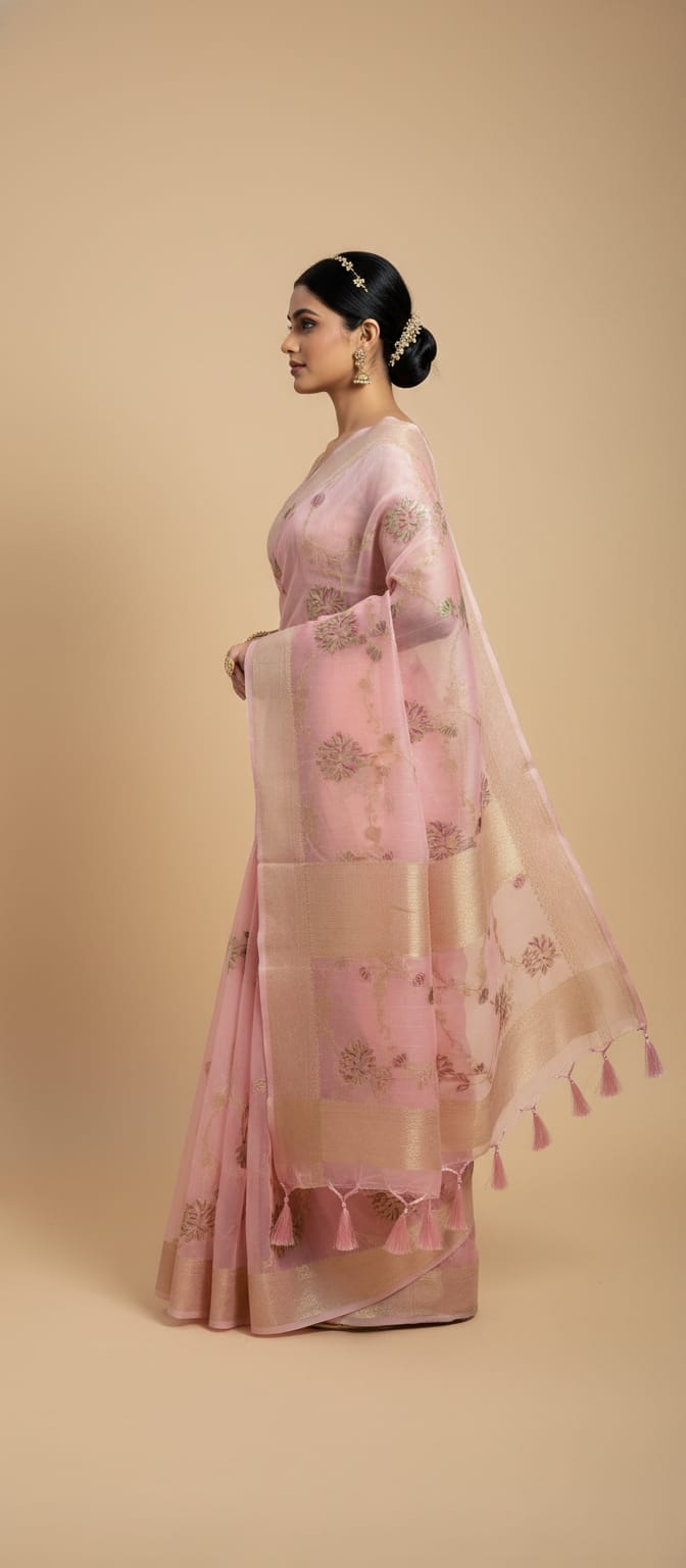 Owlsky Women Pink Organza Silk Floral Woven Zari Border Saree with Tassels