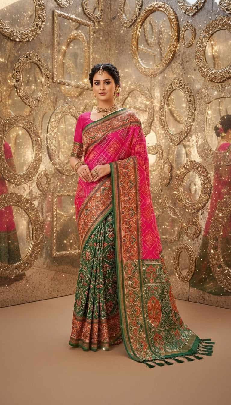 OWLSKY, SASSY & STYLO Women’s Patola Silk Saree with Unstitched Blouse | Woven Ethnic Design | Dual Tone Traditional Saree | Festive, Casual & Office Wear