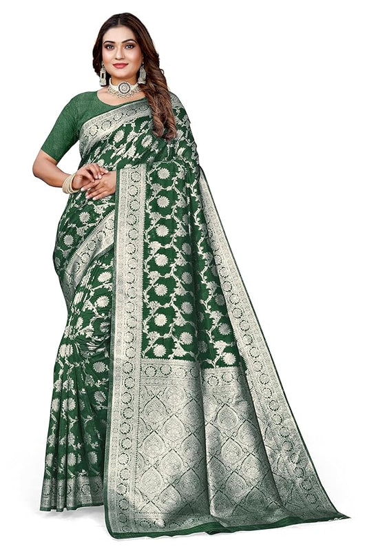 Owl Sky Women's Kanjivaram Soft Lichi Silk Saree with Silver Zari Floral Weave | With Unstiched Blouse Piece | Elegant Lightweight Indian Ethnic Sari | Bottle Green
