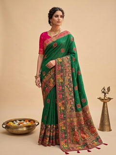 OWLSKY, SASSY & STYLO Women's Pure Rajwadi Pashmina Silk Woven Saree with Kashmiri Thread Woven Pallu | Heavy Zari Elephant Border, Running Butti, Handmade Tassels | Contrast Unstitched Blouse