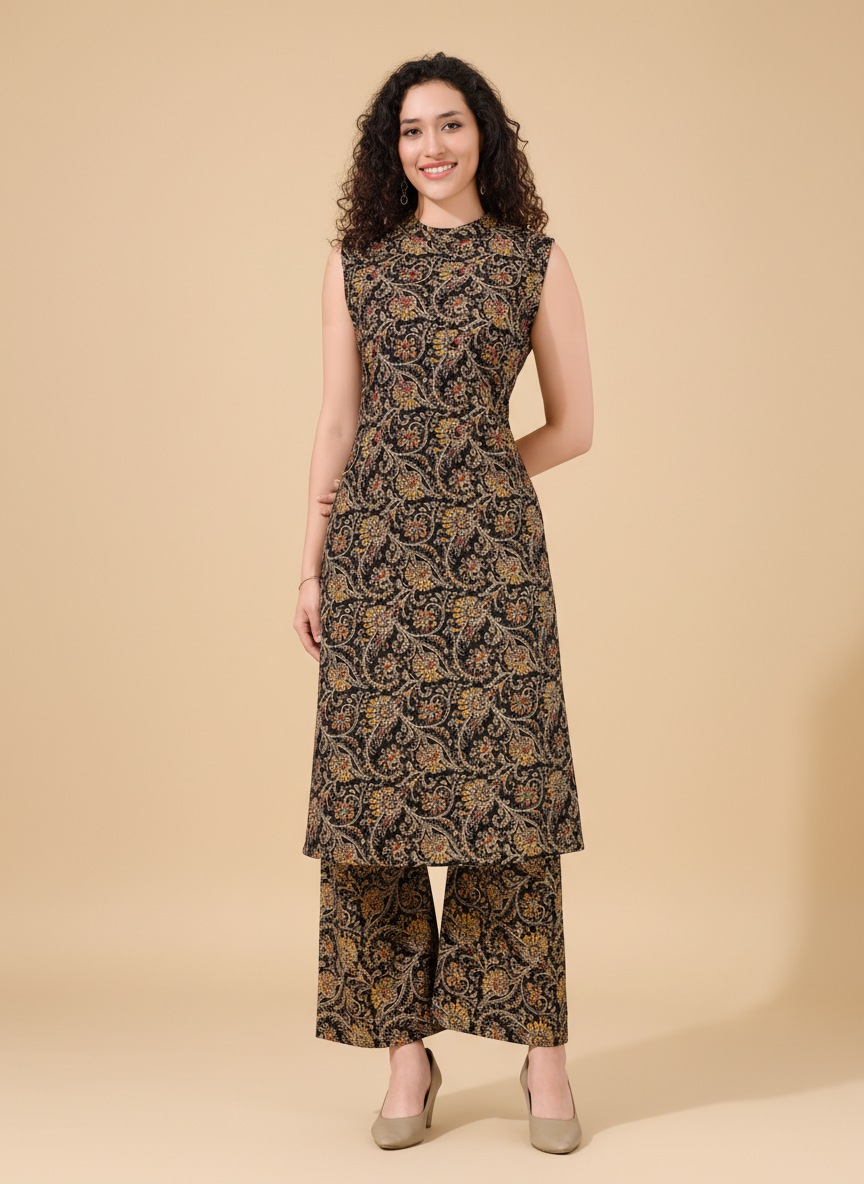 Owlsky Women Black & Gold Ethnic Printed Pure Cotton Co-ord Set