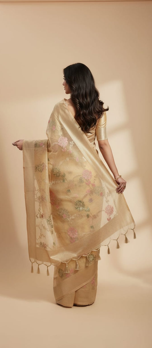 Owlsky Women Cream-Coloured & Gold Organza Silk Floral Woven Zari Saree with Tassels
