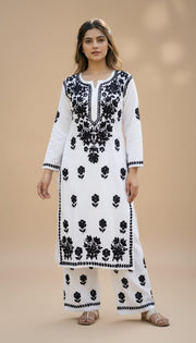 Owlsky Women Beige Lakhnavi Chikankari Modal Kurta with Palazzos-White