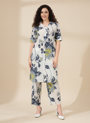 Women’s Cotton Floral Printed Co-ord Set of Kurta and Pants | Stylish Casual Two-Piece Outfit | V Neck 3/4 Sleeve