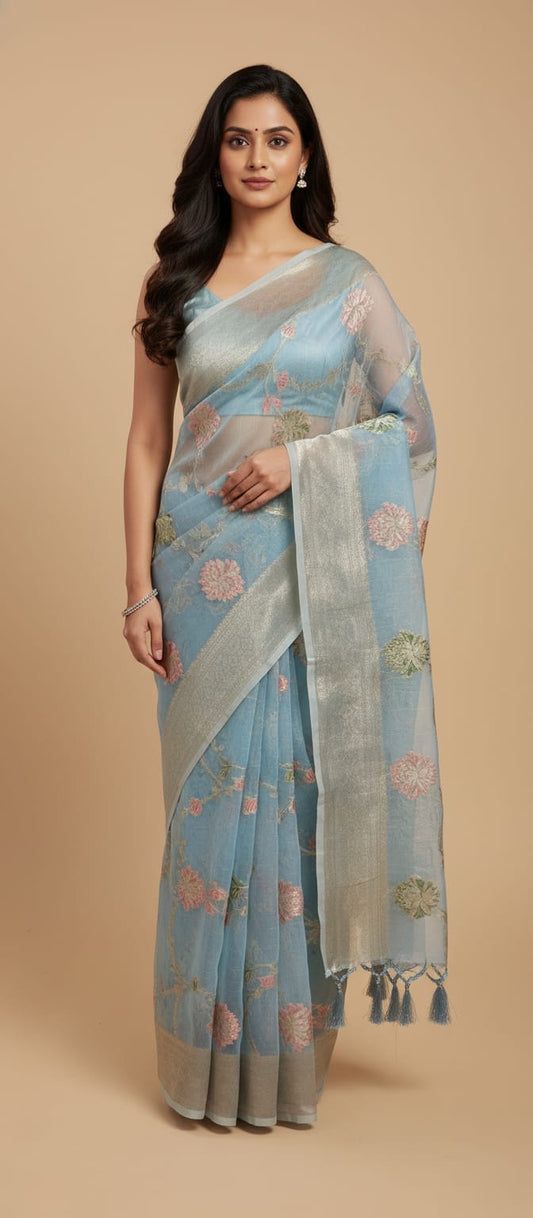 Owlsky Women Blue & Silver-Toned Floral Woven Design Organza Silk Saree with Tassels