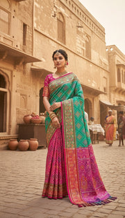 OWLSKY, SASSY & STYLO Women’s Patola Silk Saree with Unstitched Blouse | Woven Ethnic Design | Dual Tone Traditional Saree | Festive, Casual & Office Wear