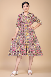 Owlsky Women Mustard & Maroon Geometric Printed Pure Cotton A-Line Shirt Dress One Piece