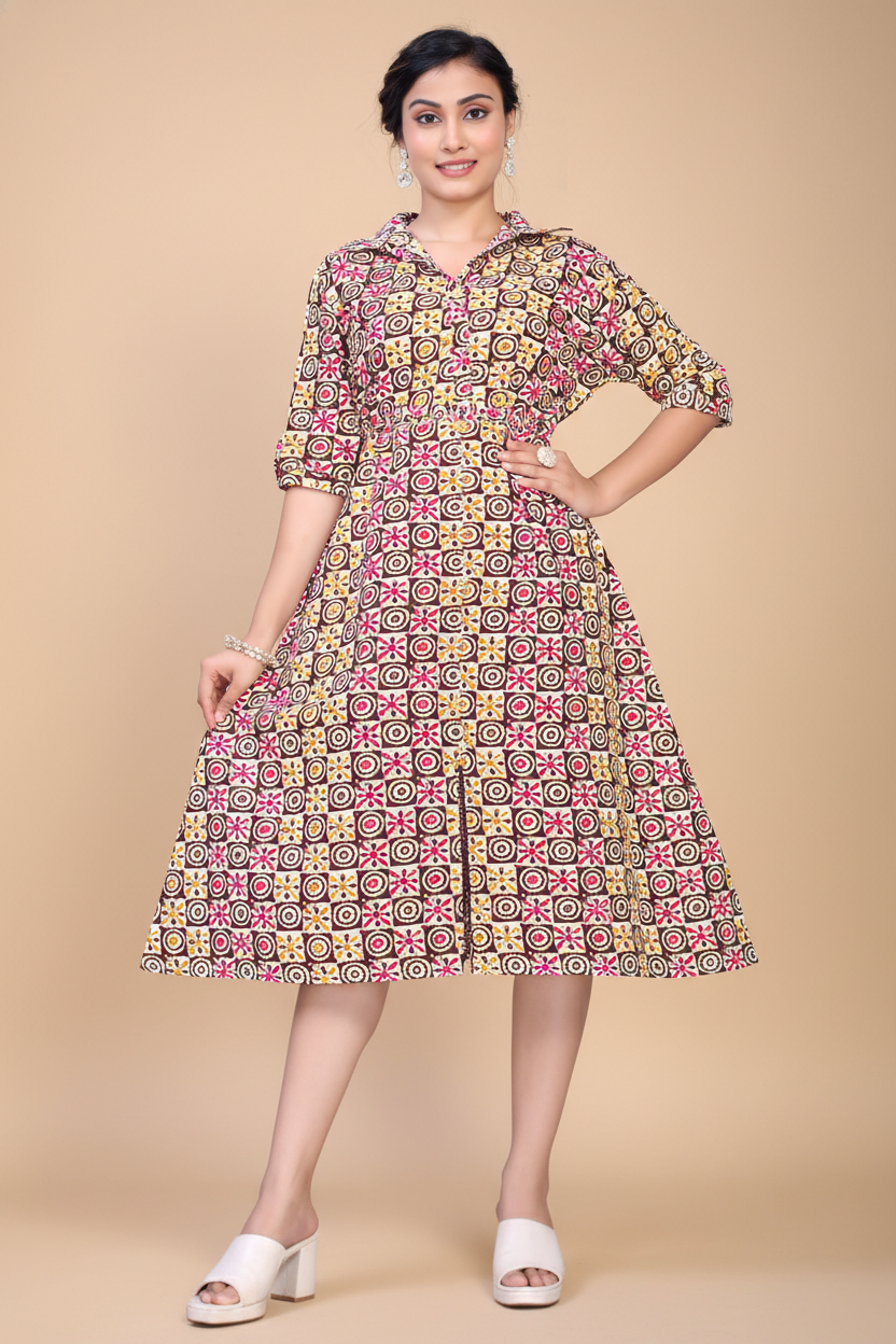 Owlsky Women Mustard & Maroon Geometric Printed Pure Cotton A-Line Shirt Dress One Piece