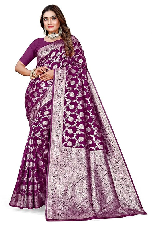 Owl Sky Women's Kanjivaram Soft Lichi Silk Saree with Silver Zari Floral Weave | With Unstiched Blouse Piece | Elegant Lightweight Indian Ethnic Sari | Wine