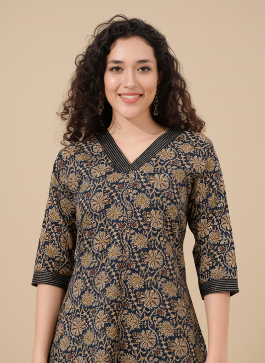 Owlsky Women Blue & Gold Ethnic Printed Pure Cotton Co-ord Set