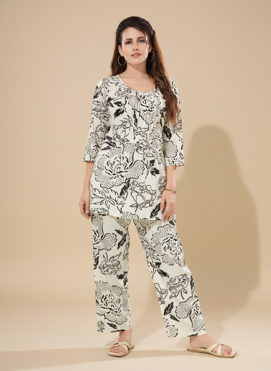 Owlsky Women Off-White & Multi-coloured Ethnic Printed Pure Cotton Co-ord Set
