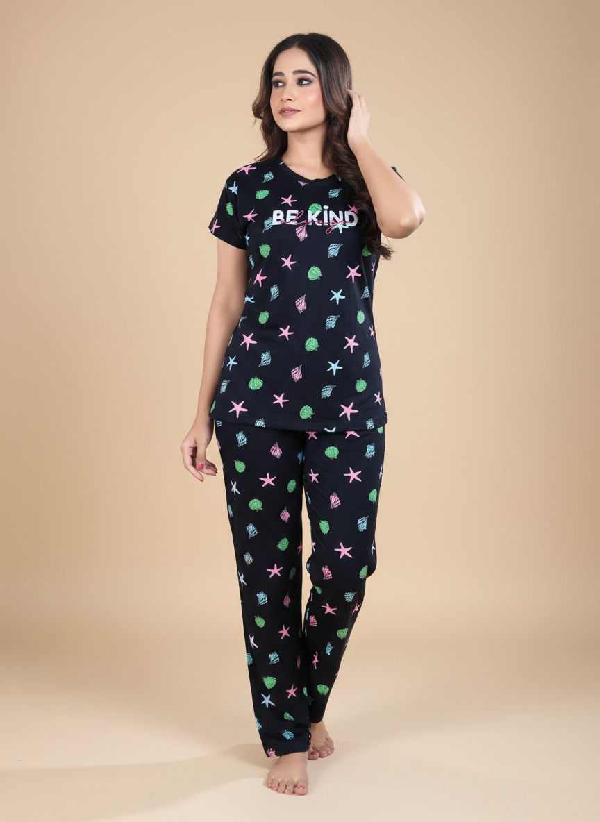 Owlsky Women Midnight Black Printed Hosiery Cotton Nightsuit