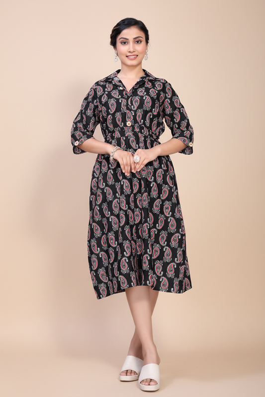Owlsky Women Black & Red Kalamkari Printed Pure Cotton A-Line Shirt Dress -One Piece
