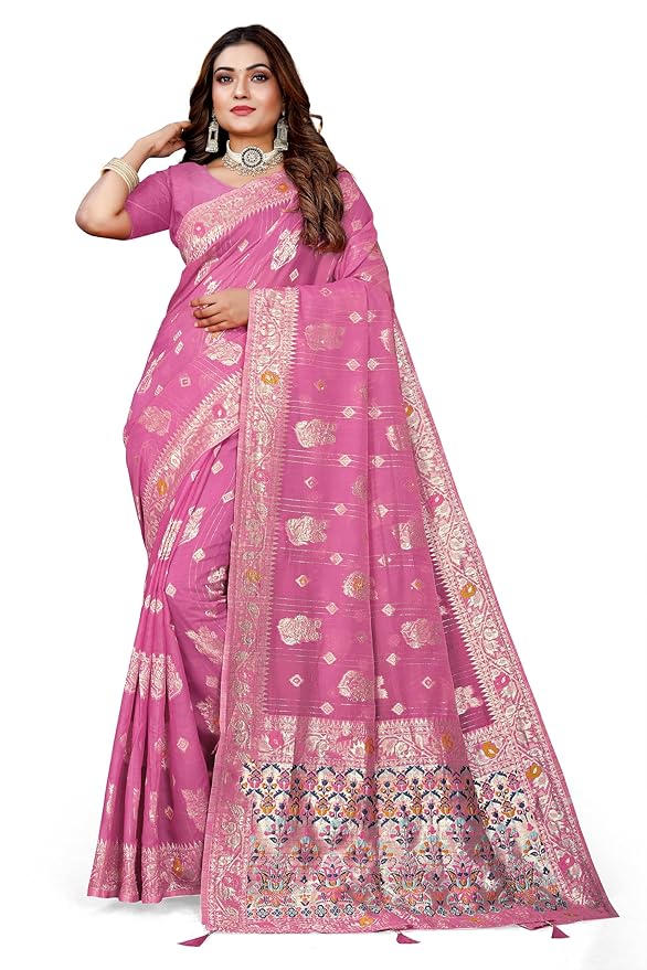Owlsky Women’s Linen Tissue Silk Saree with Thread Weaving & Siroski Work | Included with Unstriched Blouse Piece | Rose Pink