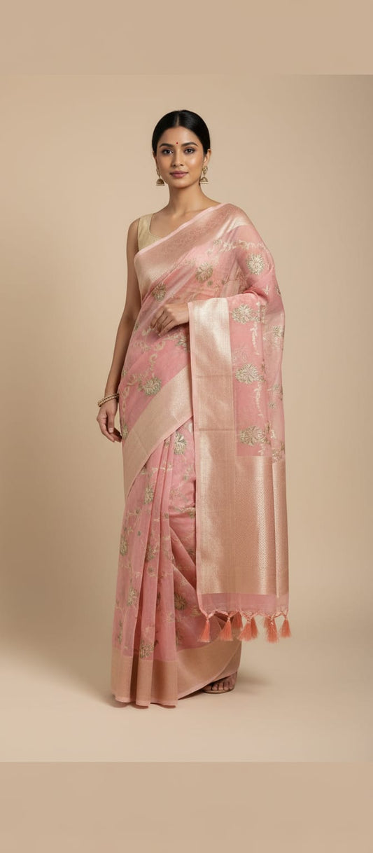 Women Pink Floral Weaving Organza Silk Saree with Woven Zari Border & Tassels