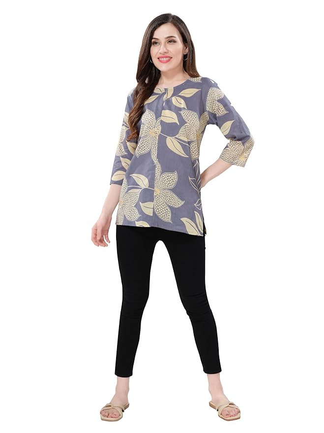 Owl Sky Women’s Pure Cotton Jaipuri Printed Short Kurti – Free Size Purple