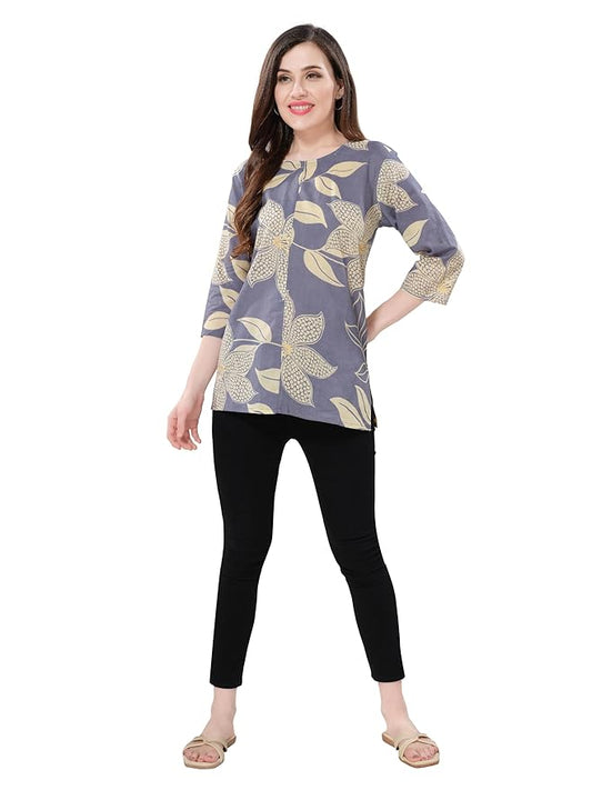 Owl Sky Women’s Pure Cotton Jaipuri Printed Short Kurti – Free Size Purple