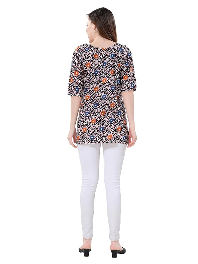 Owlsky Women’s Black Pure Cotton Ajrakh Print Short Kurti | Ethnic Top for Casual, Office 3/4th Sleeves | Batik Print