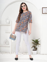 Owlsky Women’s Black Pure Cotton Ajrakh Print Short Kurti | Ethnic Top for Casual, Office 3/4th Sleeves | Batik Print