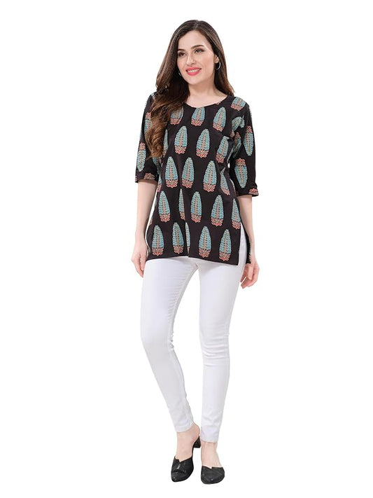 Owlsky Women's Black Pure Cotton Kalamkari Printed Short Kurta | 3/4 Sleeve | Office & Casual Kurta for Jeans, Leggings & Trousers