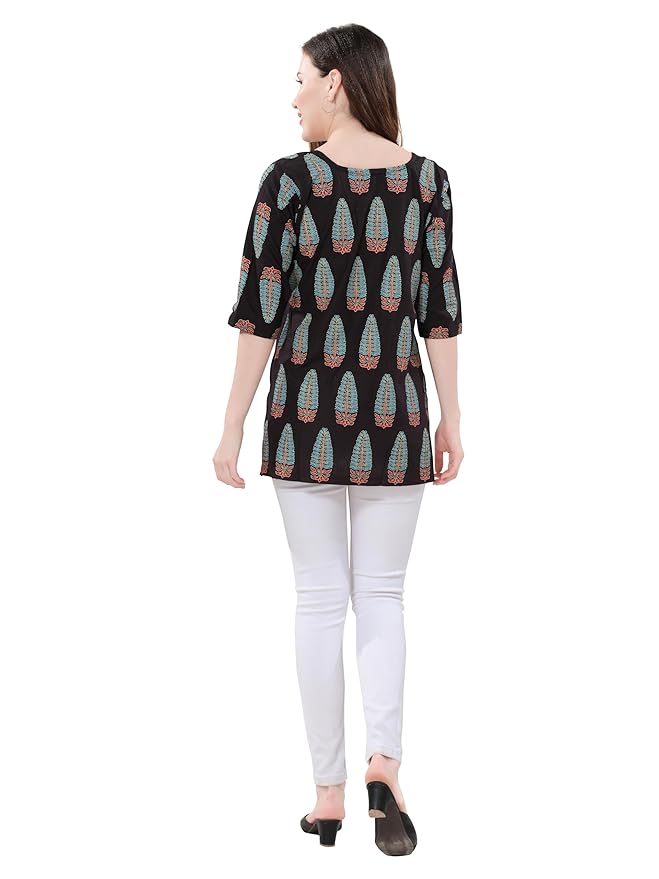 Owlsky Women's Black Pure Cotton Kalamkari Printed Short Kurta | 3/4 Sleeve | Office & Casual Kurta for Jeans, Leggings & Trousers