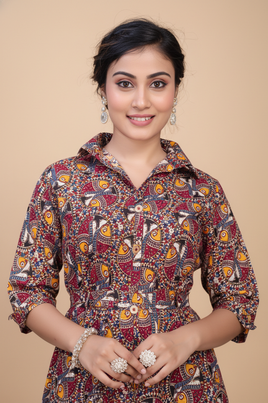 Owlsky Women Mustard & Maroon Ajrakh Printed Pure Cotton A-Line Shirt Dress One Piece