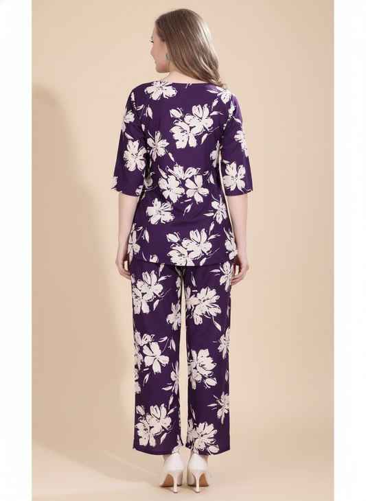Owlsky Women Purple & White Floral Printed Rayon Co-ord Set