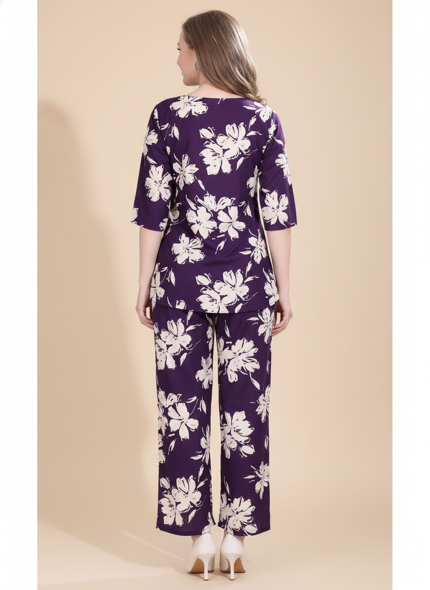 Owlsky Women Purple & White Floral Printed Rayon Co-ord Set