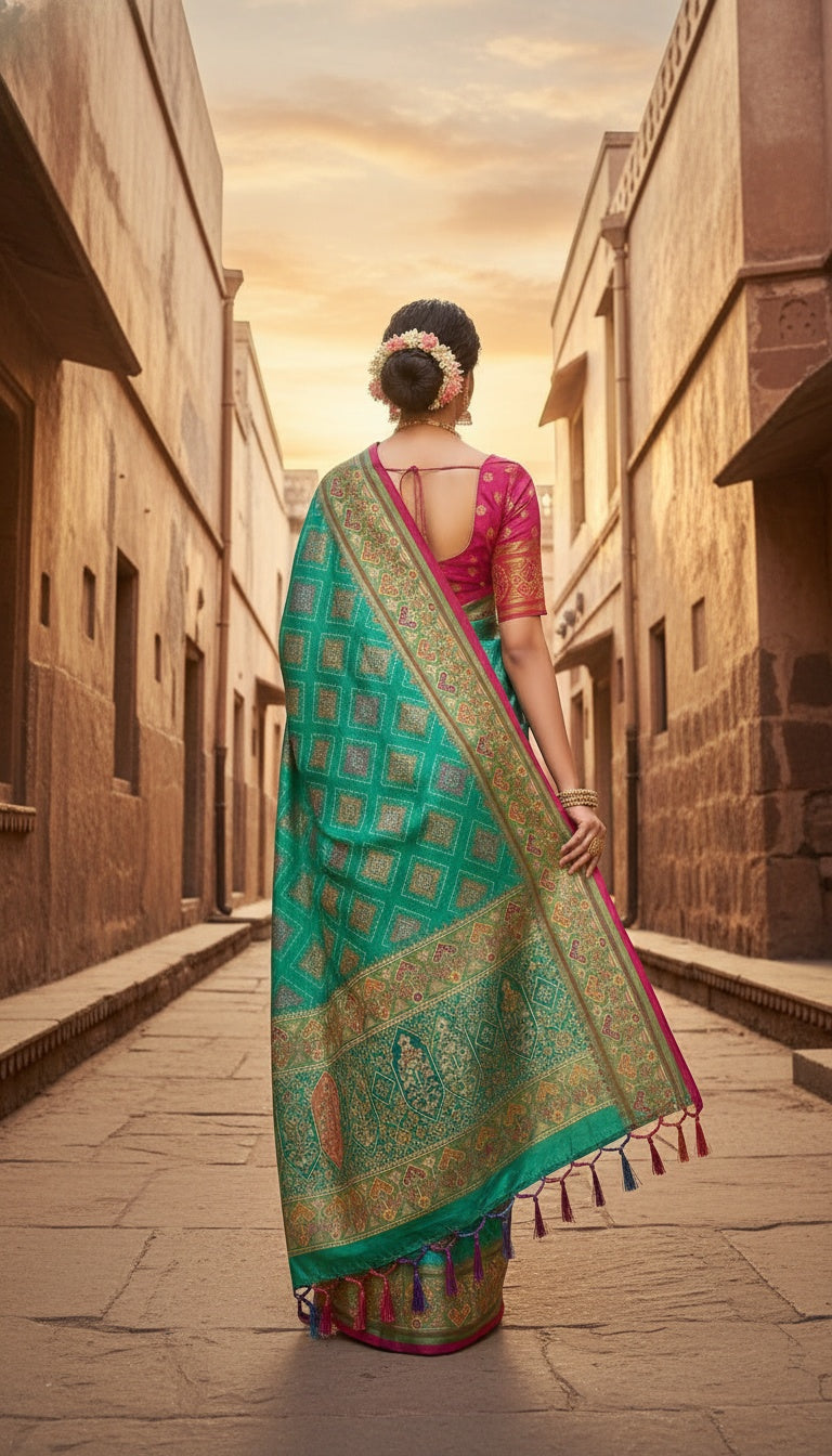 OWLSKY, SASSY & STYLO Women’s Patola Silk Saree with Unstitched Blouse | Woven Ethnic Design | Dual Tone Traditional Saree | Festive, Casual & Office Wear