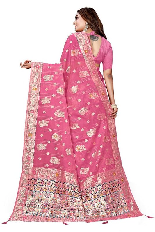 Owlsky Women’s Linen Tissue Silk Saree with Thread Weaving & Siroski Work | Included with Unstriched Blouse Piece | Rani Pink