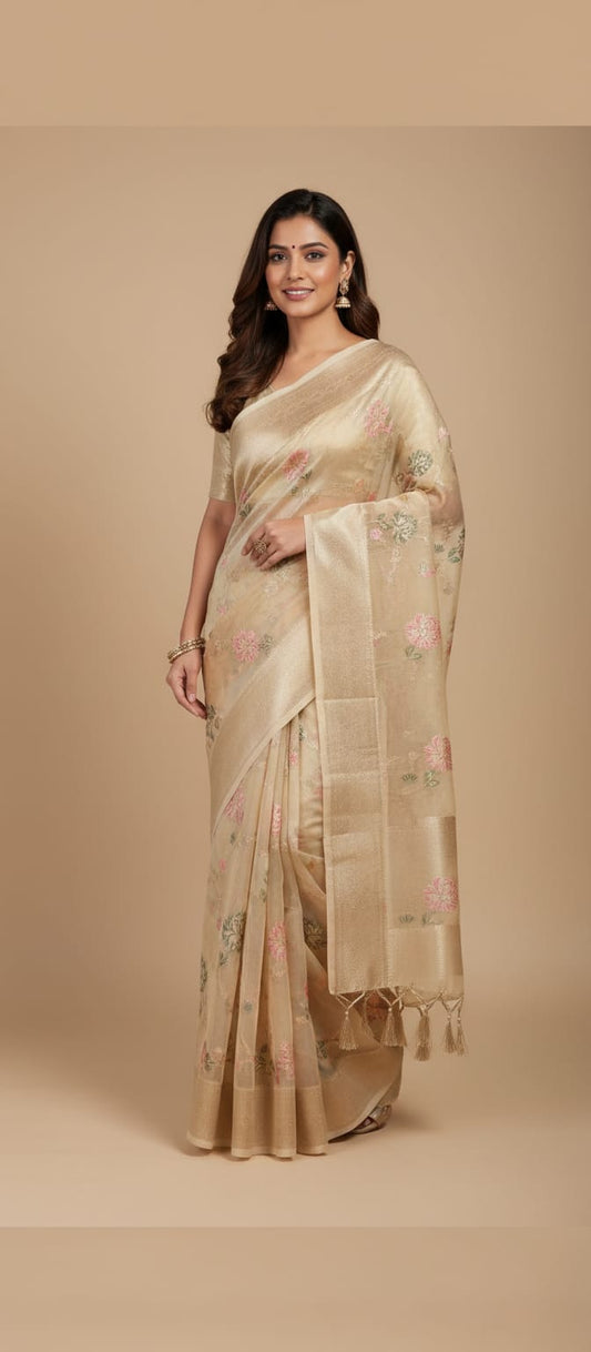 Owlsky Women Cream-Coloured & Gold Organza Silk Floral Woven Zari Saree with Tassels