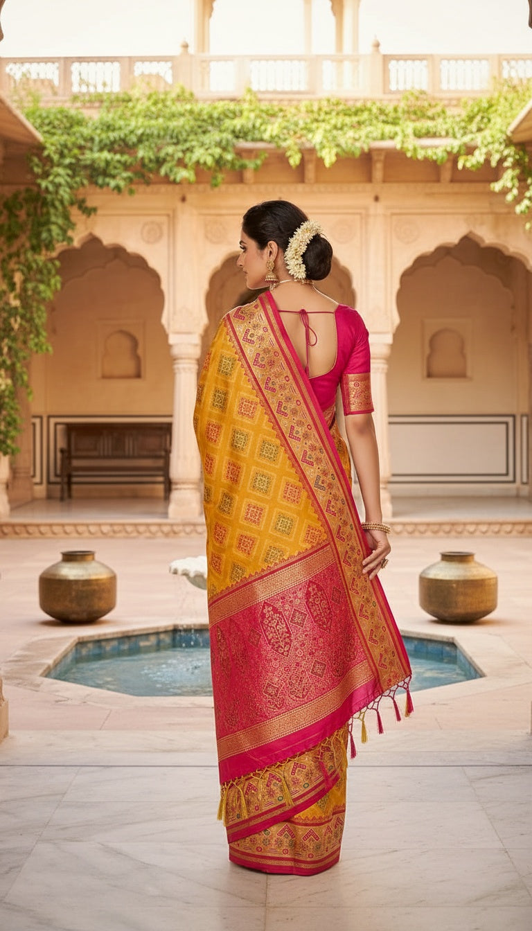 OWLSKY, SASSY & STYLO Women’s Patola Silk Saree with Unstitched Blouse | Woven Ethnic Design | Dual Tone Traditional Saree | Festive, Casual & Office Wear
