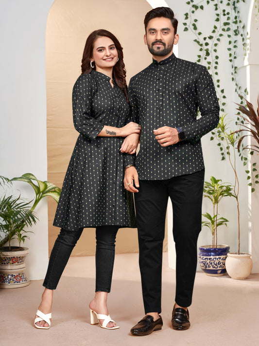 Owl Sky Elegant Couple Combo: Men’s Shirt Kurta & Women’s Tunic Set Black