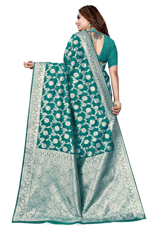 Owl Sky Women's Kanjivaram Soft Lichi Silk Saree with Silver Zari Floral Weave | With Unstiched Blouse Piece | Elegant Lightweight Indian Ethnic Sari | Morpankhi Blue