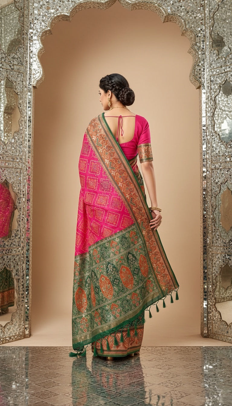 OWLSKY, SASSY & STYLO Women’s Patola Silk Saree with Unstitched Blouse | Woven Ethnic Design | Dual Tone Traditional Saree | Festive, Casual & Office Wear