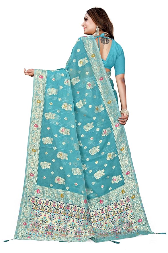 Owlsky Women’s Linen Tissue Silk Saree with Thread Weaving & Siroski Work | Included with Unstriched Blouse Piece | Sky Blue