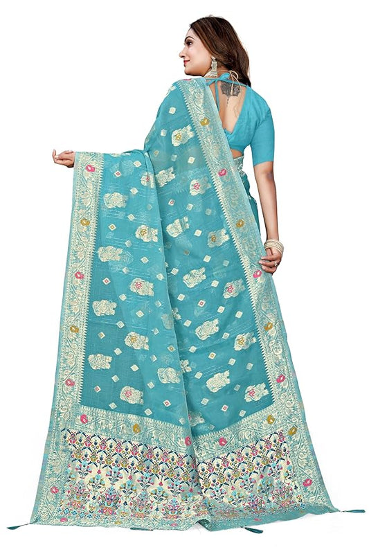 Owlsky Women’s Linen Tissue Silk Saree with Thread Weaving & Siroski Work | Included with Unstriched Blouse Piece | Sky Blue
