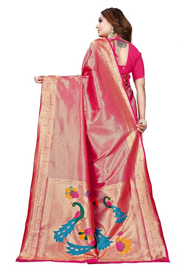Owlsky Women’s Kanjivaram Silk Saree with Beautiful Paithani Rich Pallu | Design Work Zari Woven Kanjivaram Silk Style Saree With Soft Lichi Silk Blouse Rani Pink