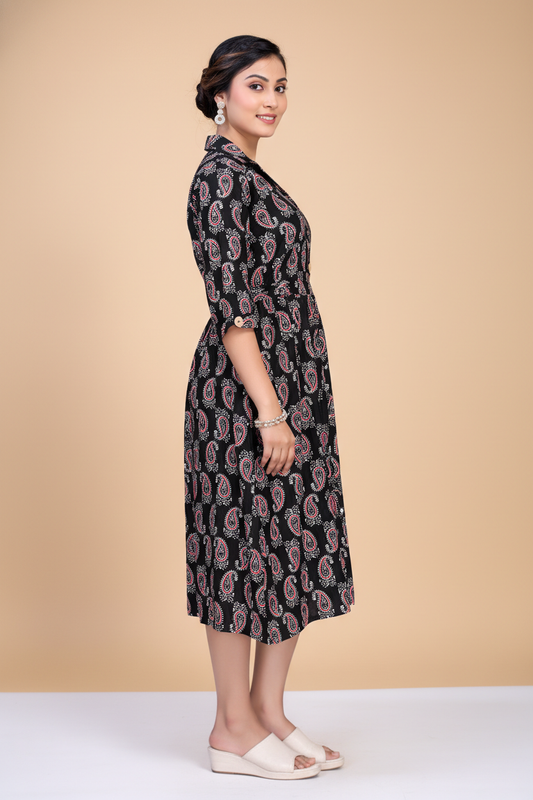 Owlsky Women Black & Red Kalamkari Printed Pure Cotton A-Line Shirt Dress -One Piece