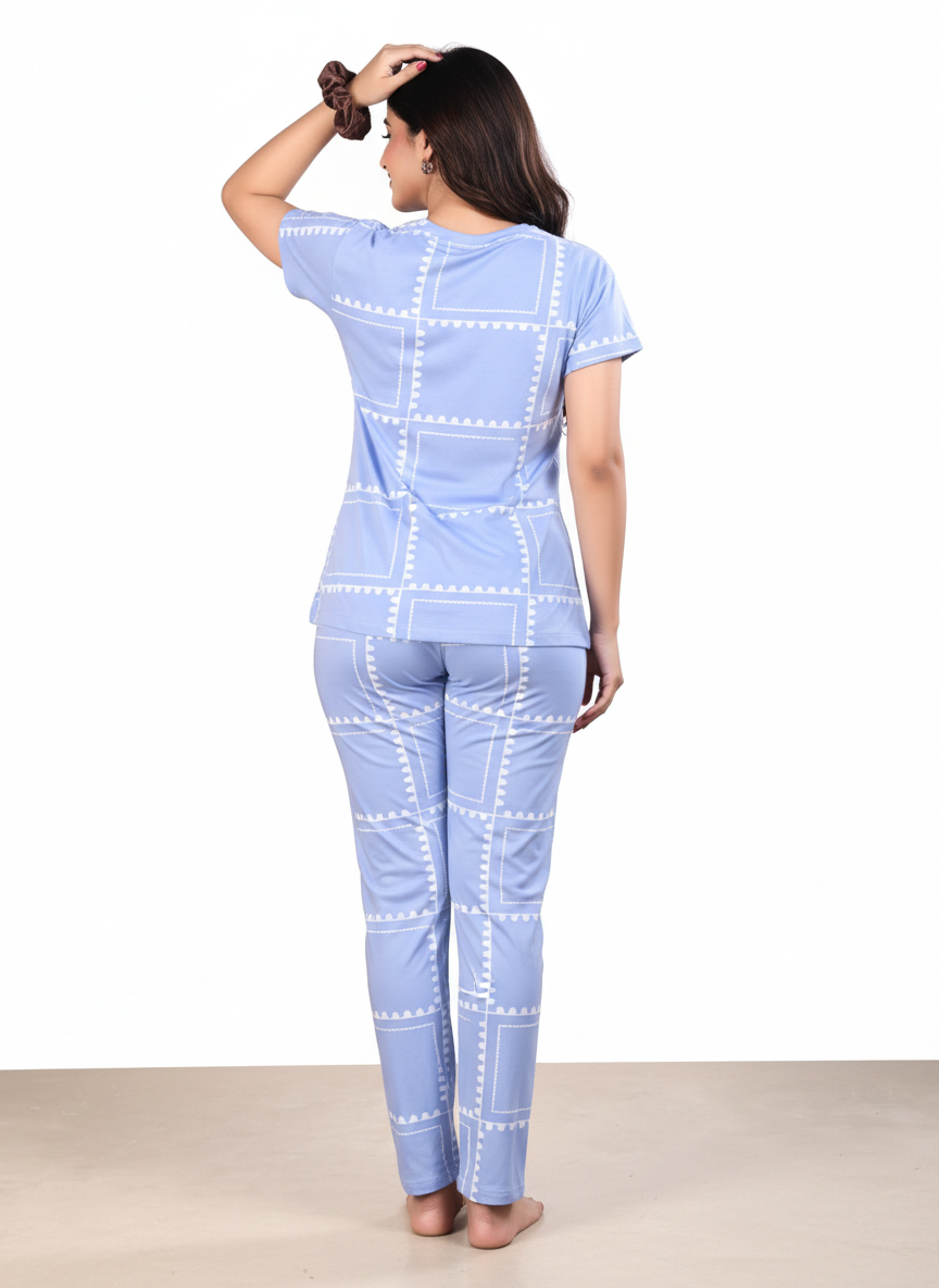 Owlsky Women Sky Blue & Navy Printed Hosiery Cotton Nightsuit
