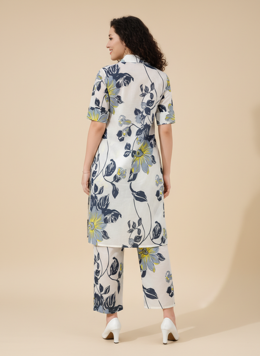 Women’s Cotton Floral Printed Co-ord Set of Kurta and Pants | Stylish Casual Two-Piece Outfit | V Neck 3/4 Sleeve