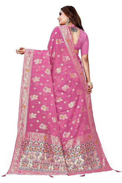 Owlsky Women’s Linen Tissue Silk Saree with Thread Weaving & Siroski Work | Included with Unstriched Blouse Piece | Rose Pink