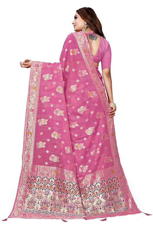 Owlsky Women’s Linen Tissue Silk Saree with Thread Weaving & Siroski Work | Included with Unstriched Blouse Piece | Rose Pink
