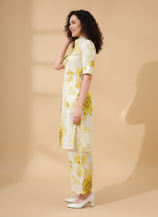 Women’s Cotton Floral Printed Co-ord Set of Kurta and Pants | Stylish Casual Two-Piece Outfit | V Neck 3/4 Sleeve