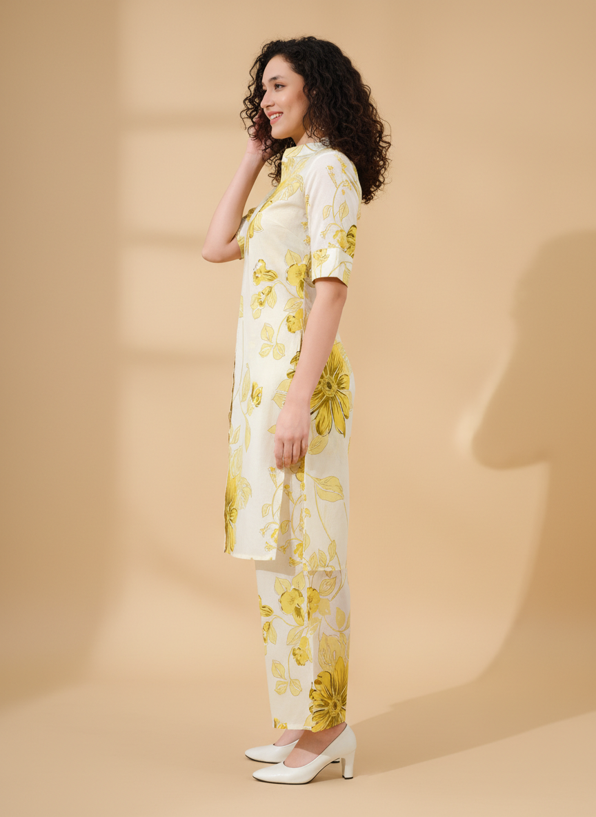 Women’s Cotton Floral Printed Co-ord Set of Kurta and Pants | Stylish Casual Two-Piece Outfit | V Neck 3/4 Sleeve