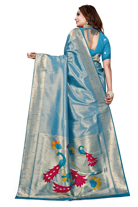 Owlsky Women’s Kanjivaram Silk Saree with Beautiful Paithani Rich Pallu | Design Work Zari Woven Kanjivaram Silk Style Saree With Soft Lichi Silk Blouse Sky Blue