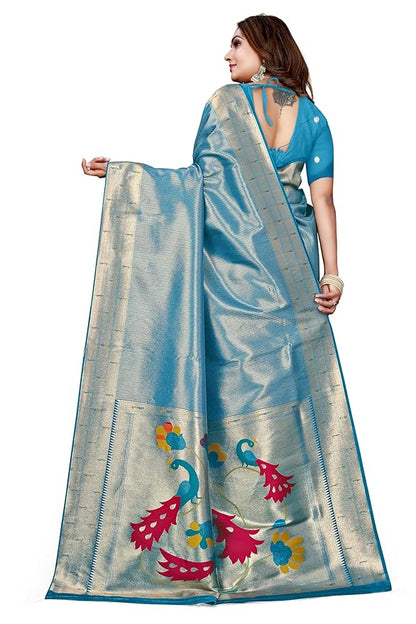Owlsky Women’s Kanjivaram Silk Saree with Beautiful Paithani Rich Pallu | Design Work Zari Woven Kanjivaram Silk Style Saree With Soft Lichi Silk Blouse Sky Blue