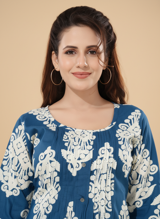 Owlsky Women Blue & White Ethnic Printed Pure Cotton Co-ord Set