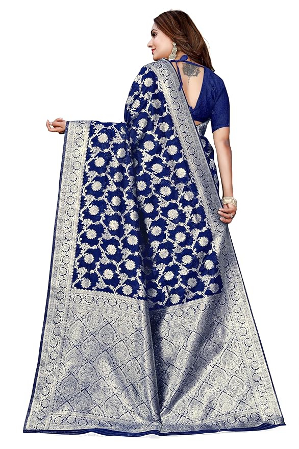 Owl Sky Women's Kanjivaram Soft Lichi Silk Saree with Silver Zari Floral Weave | With Unstiched Blouse Piece | Elegant Lightweight Indian Ethnic Sari | Royal Blue